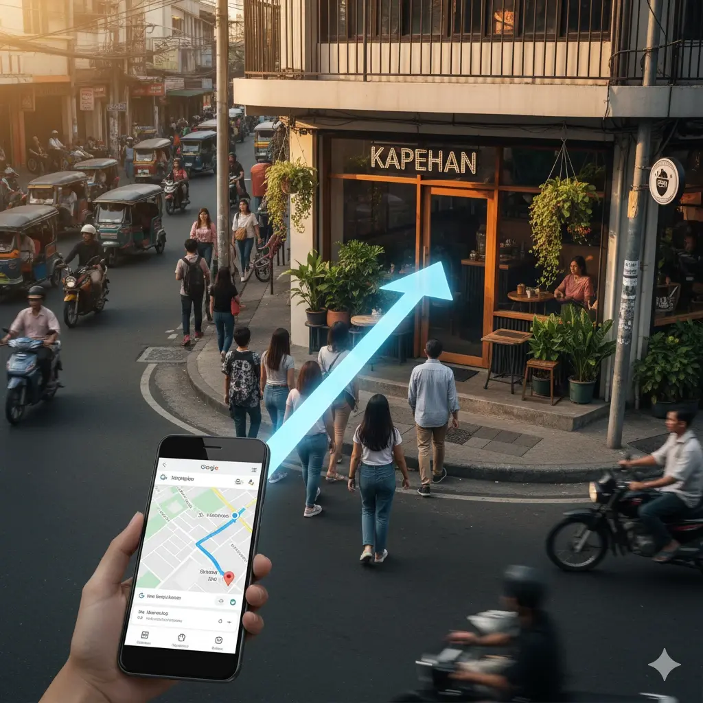 A vibrant, slightly overhead shot of a **busy Metro Manila street corner** with a small shop entrance, showing customers walking purposefully toward the front door, guided by a **large, glowing arrow** originating from a phone displaying Google Maps directions.