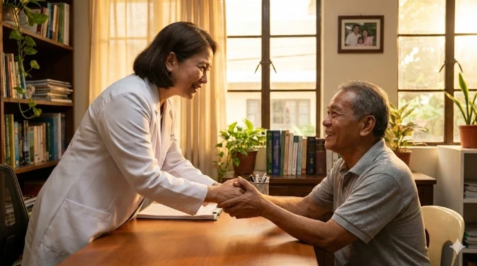 A professional yet gentle doctor consulting with a patient