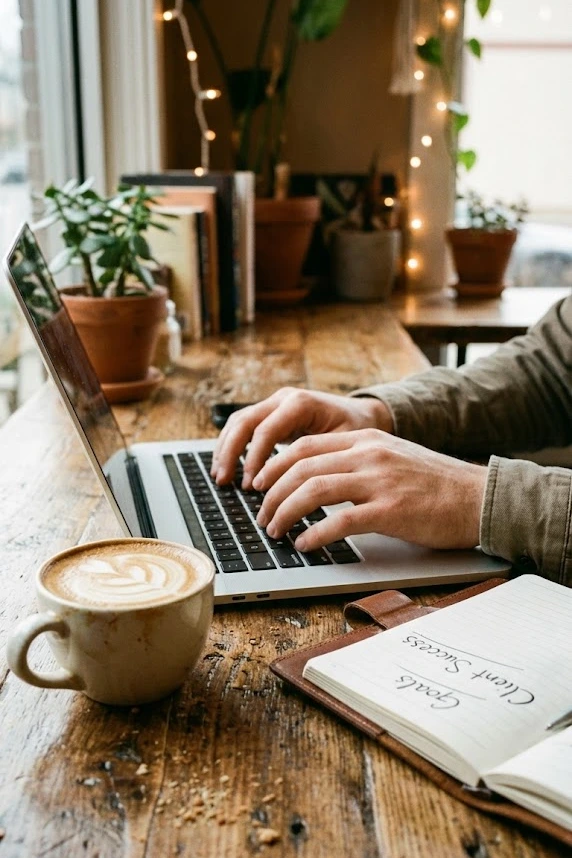 A close-up of hands typing on a laptop with a cup of coffee