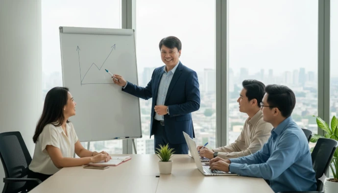 A friendly team meeting in a bright, modern office in Manila