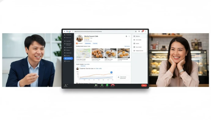 create an image of arvin and an asian business owner on a video conference